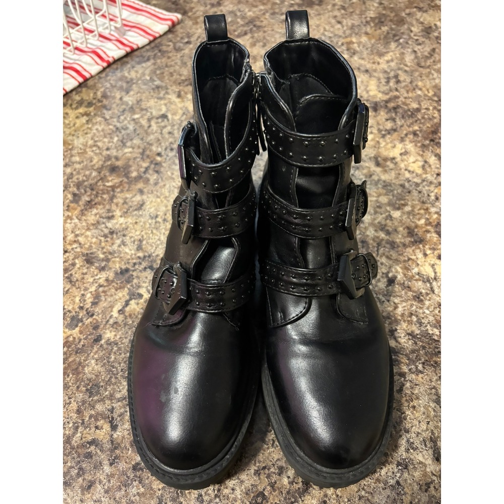 Target Womens Black Triple Buckle Studded Combat Ankle Boots Side‎ Zip Size 7.5